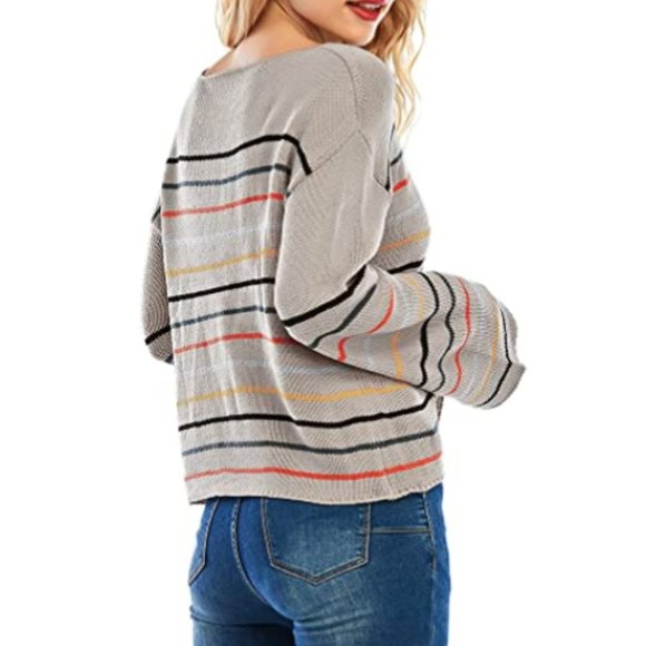 NWT Striped Knit Bell Sleeve Slouchy Sweater Top - Picture 5 of 6